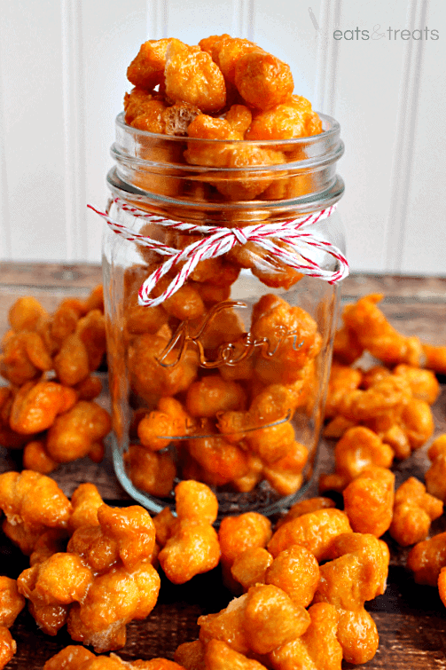 Easy, Cheesy Caramel Puff Corn you can make in the microwave! A perfection of sweet, salty and a hint of cheese! Trust me on this one!