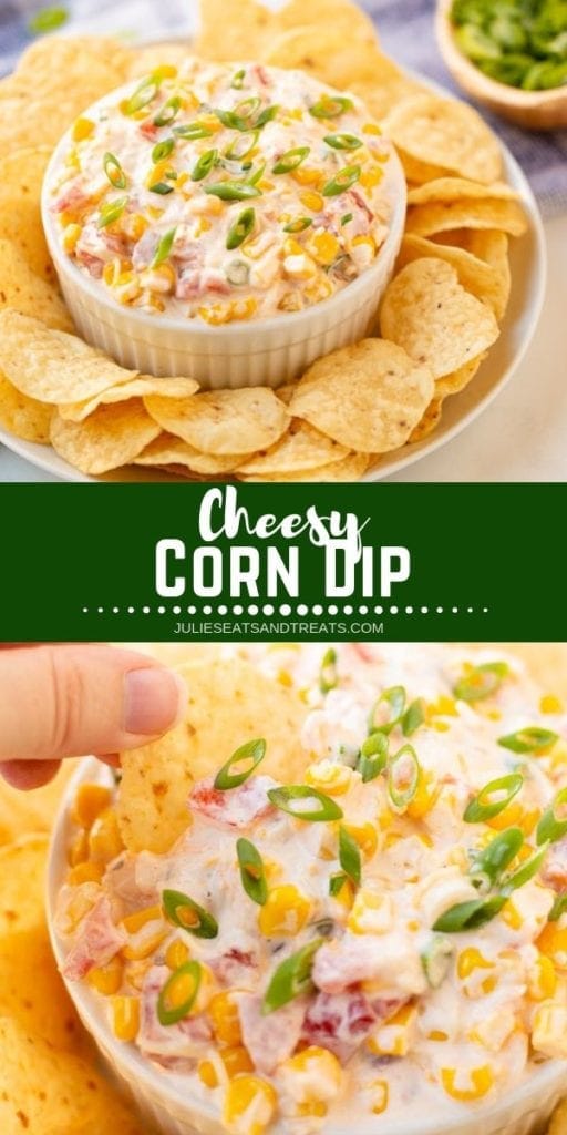 Collage with top image of cheesy corn dip in a bowl surrounded by chips, middle green banner with white text reading cheesy corn dip, and bottom image of a hand dipping a tortilla chip into cheesy corn dip