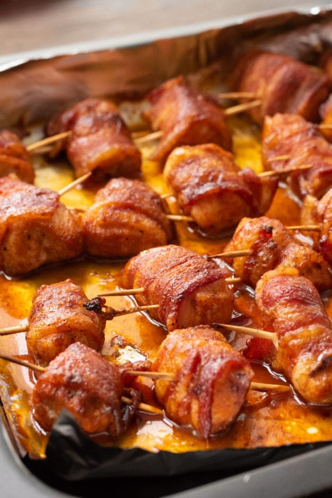 Bacon Wrapped Chicken on pan