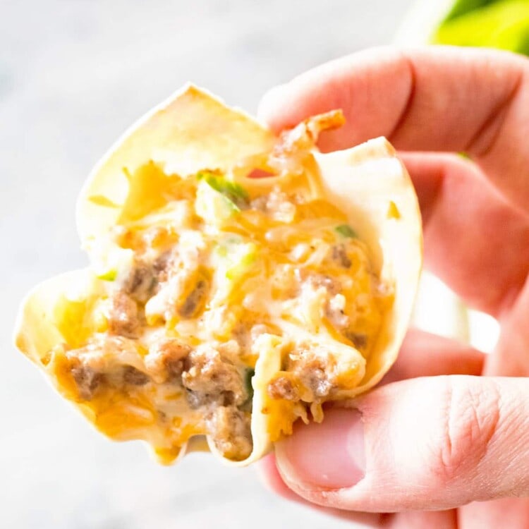 Hand holding a sausage and green pepper wonton