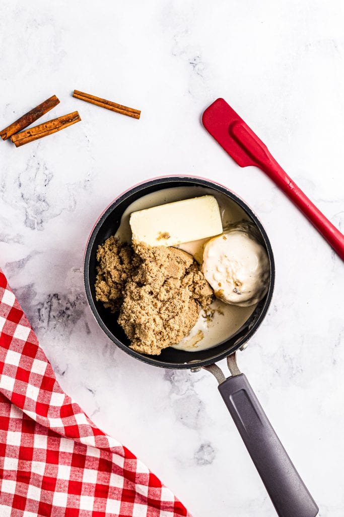 Saucepan with ingredients to make caramel sauce