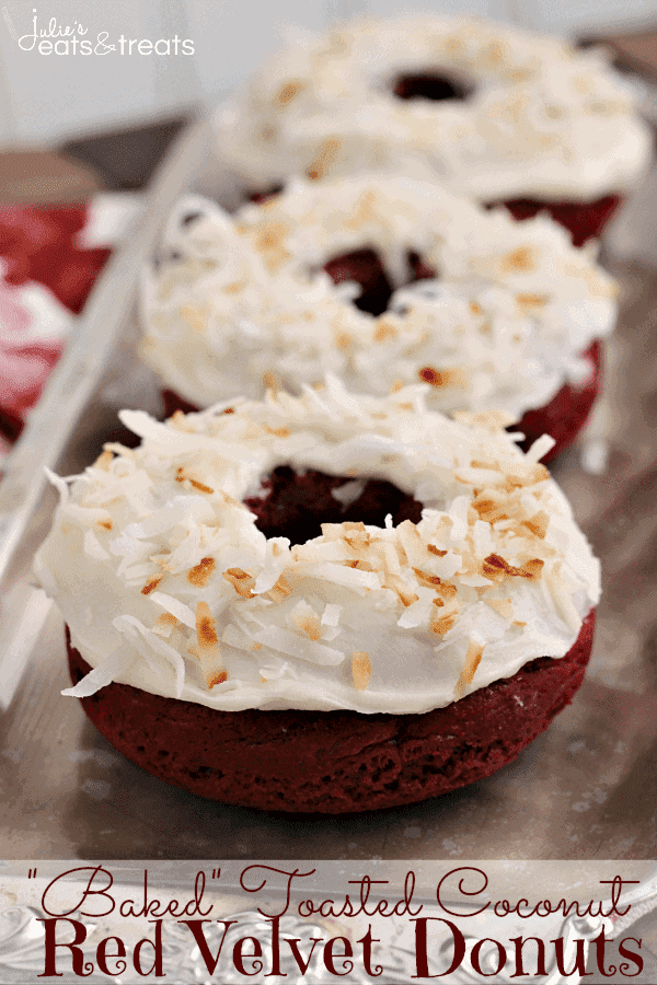 "Baked" Toasted Coconut Red Velvet Donuts ~ Easy donuts made with a Red Velvet Cake Mix and topped with Cream Cheese Frosting and Toasted Coconut!