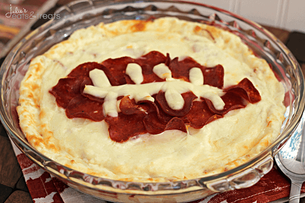 Football Pepperoni Pizza Dip ~ Super fun cheesy dip stuffed with pepperoni for the "big" game!