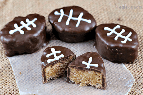 Football Scotcheroos ~ Festive treats for the big game! Ooey, Gooey Scotcheroos covered in chocolate!