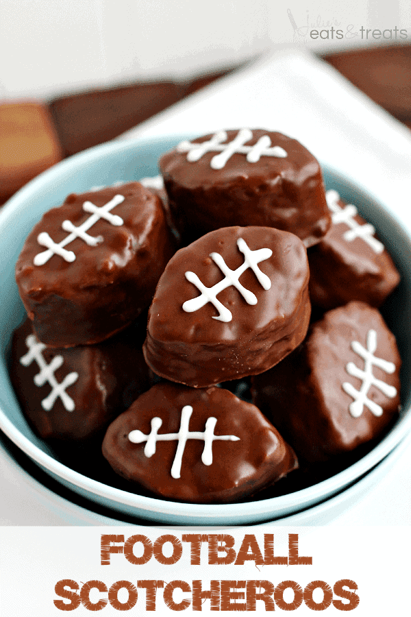 Football Scotcheroos ~ Festive treats for the big game! Ooey, Gooey Scotcheroos covered in chocolate!