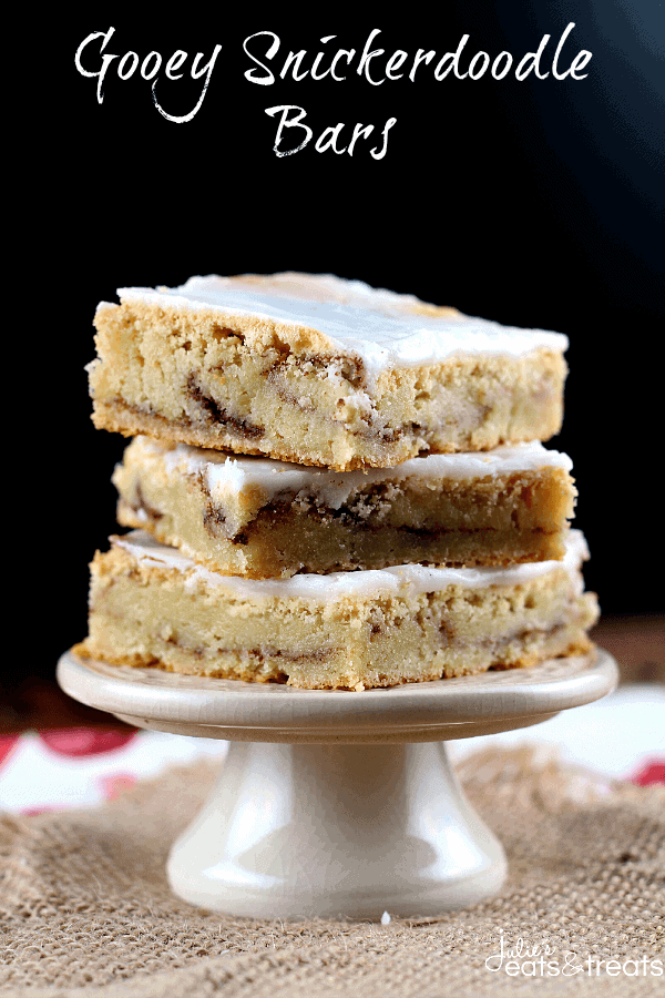 Gooey Snickerdoodle Bars ~ Soft, gooey bars stuffed with cinnamon and sugar and drizzled with icing!