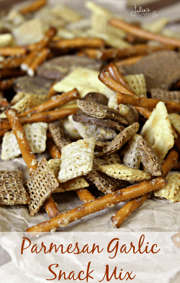 Parmesan Garlic Snack Mix ~ Loaded with Chex, Pretzels, White Cheddar Cheez Its, Rye Chips and topped with Parmesan & Garlic seasoning!