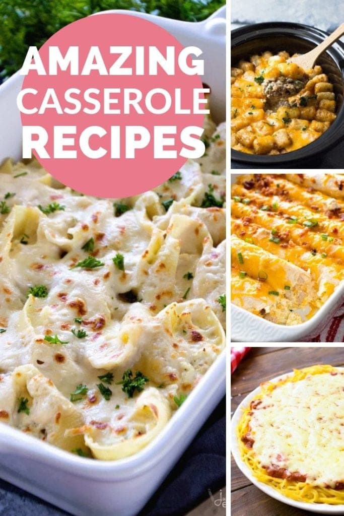 Four images of casserole dishes with a pink circle in the top left corner containing white text reading amazing casserole recipes