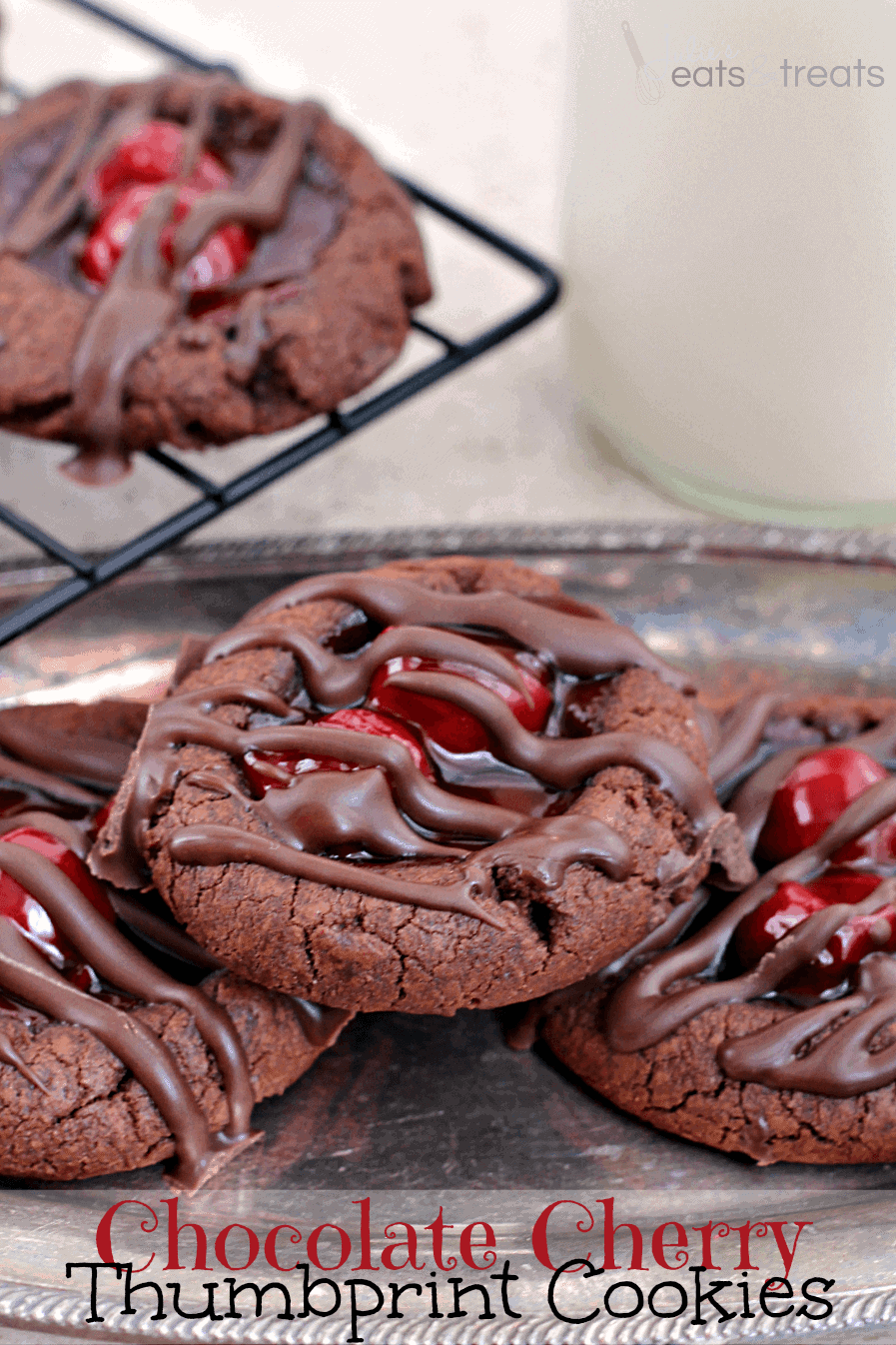 Chocolate Cherry Thumbprint Cookies ~ Soft, Chocolate Cookies filled with Cherry Pie Filling and Drizzled with Chocolate!