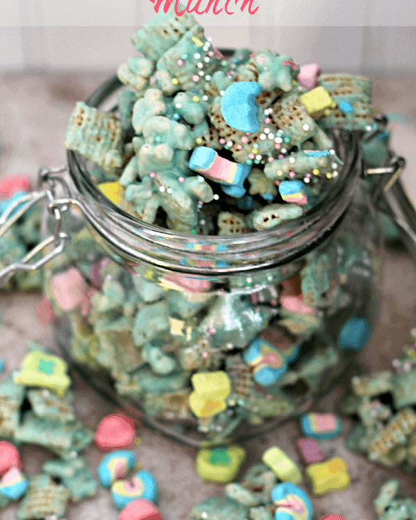 Open glass jar of lucky leprechaun munch snack mix