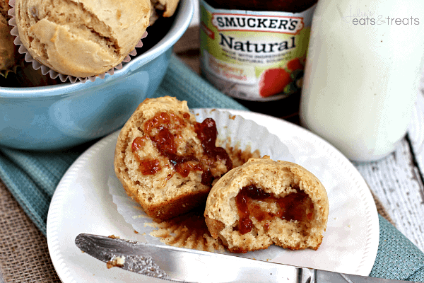 Easy Peanut Butter Muffins ~ Load these Yummy Peanut Butter Muffins with Jam for a Fun Twist on Your Typical Peanut Butter & Jelly Breakfast!