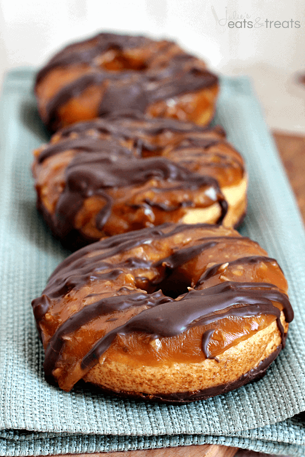 Baked Samoa Donuts ~ Buttery Donuts Dipped in Chocolate and Covered in Caramel and Coconut!