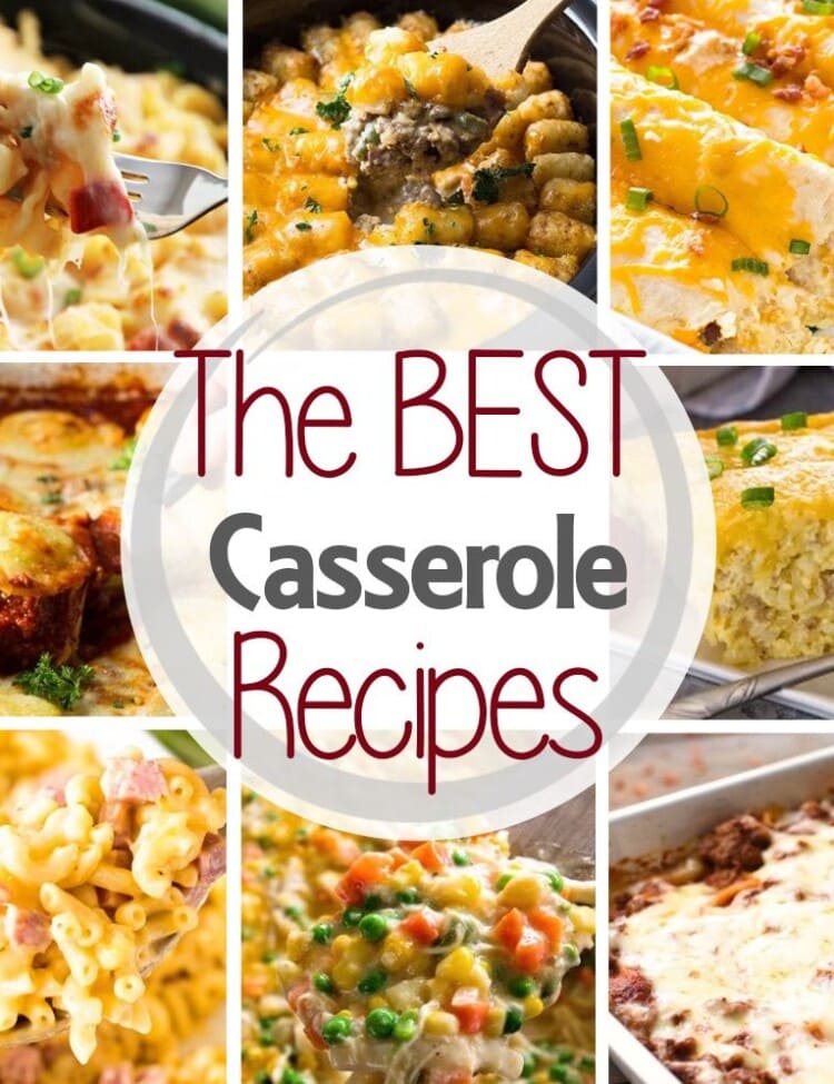 Square collage with eight images of casserole dishes with text in the center reading the best casserole recipes