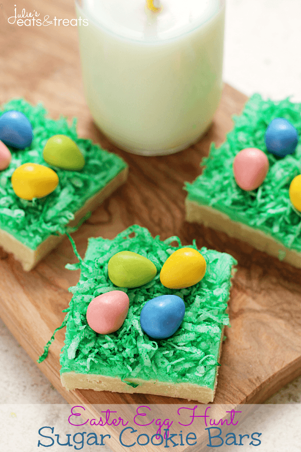 Easter Egg Hunt Sugar Cookie Bars ~ Soft, Chewy Sugar Cookie Bars topped with Green Coconut "Grass" and Candy Easter Eggs!