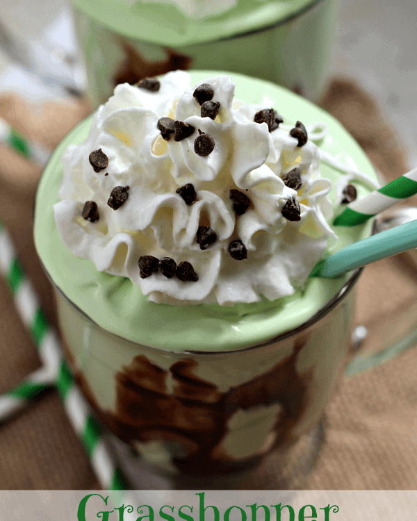 Two glass mugs of grasshopper ice cream dessert topped with whipped cream and mini chocolate chips