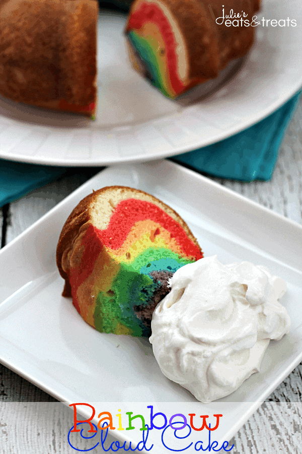 Rainbow Cloud Cake ~ Festive cake that starts with a box mix and end ups as a Rainbow Cake with Sweet & Fluffy Whipped Cream Clouds!