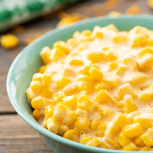Creamed Corn Recipe in blue bowl