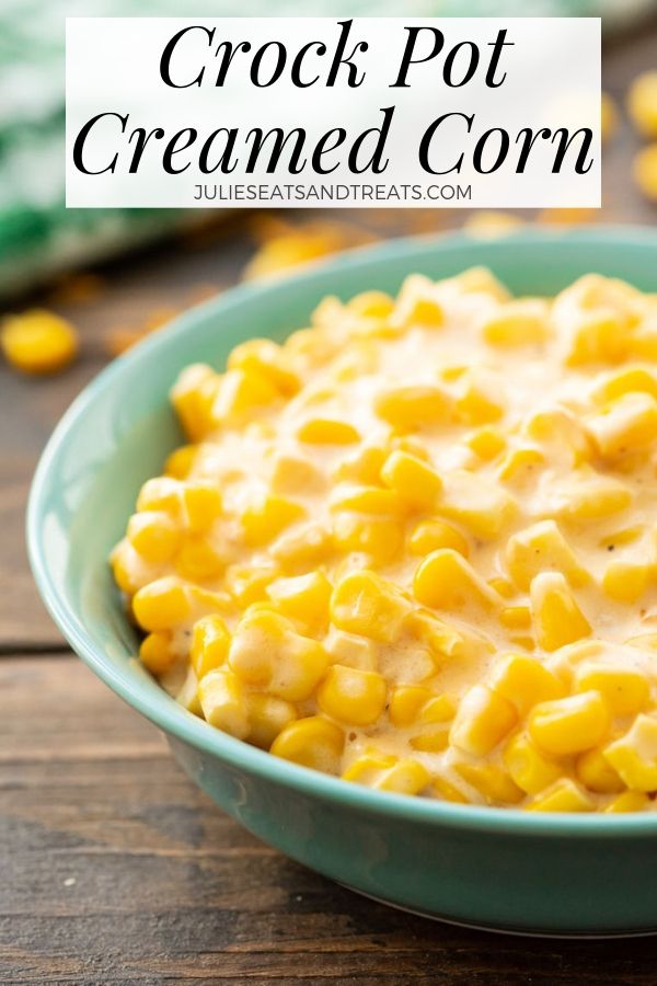 Crock pot creamed corn in a blue bowl