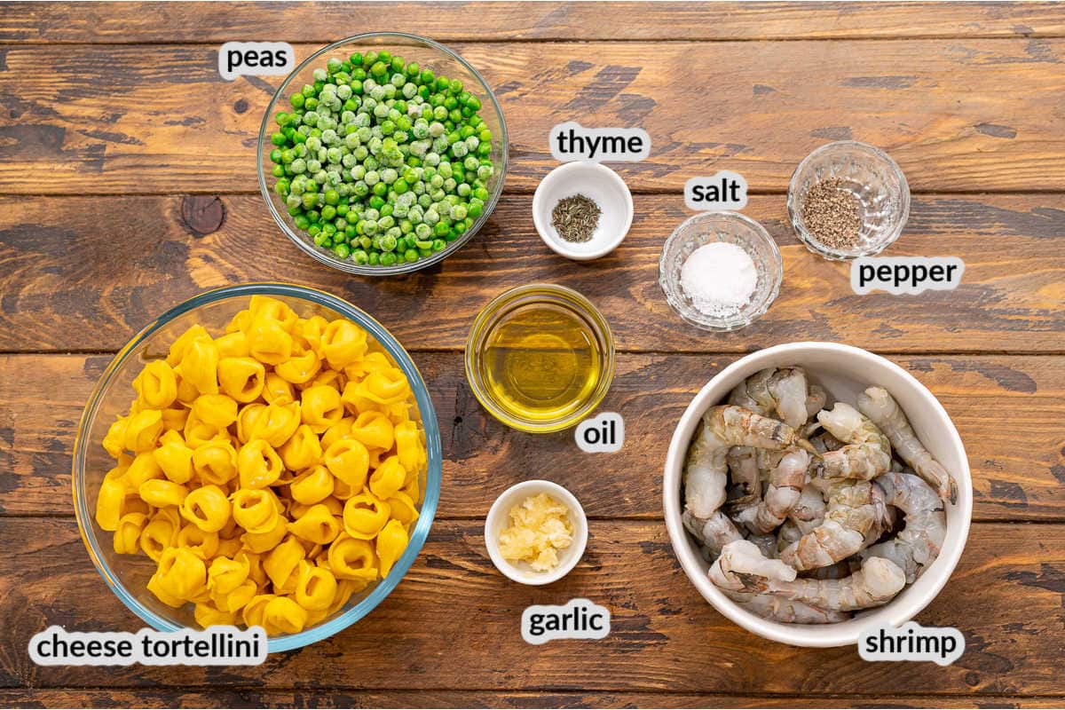 Overhead image of Garlic Shrimp Tortellini Ingredients in bowls