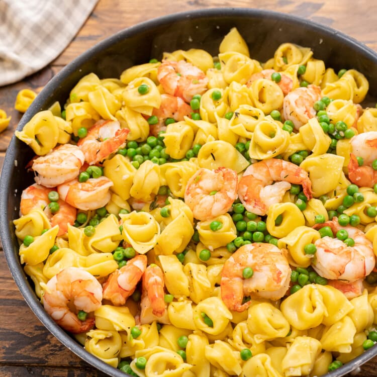 Prepared Garlic Shrimp Tortellini in a skillet