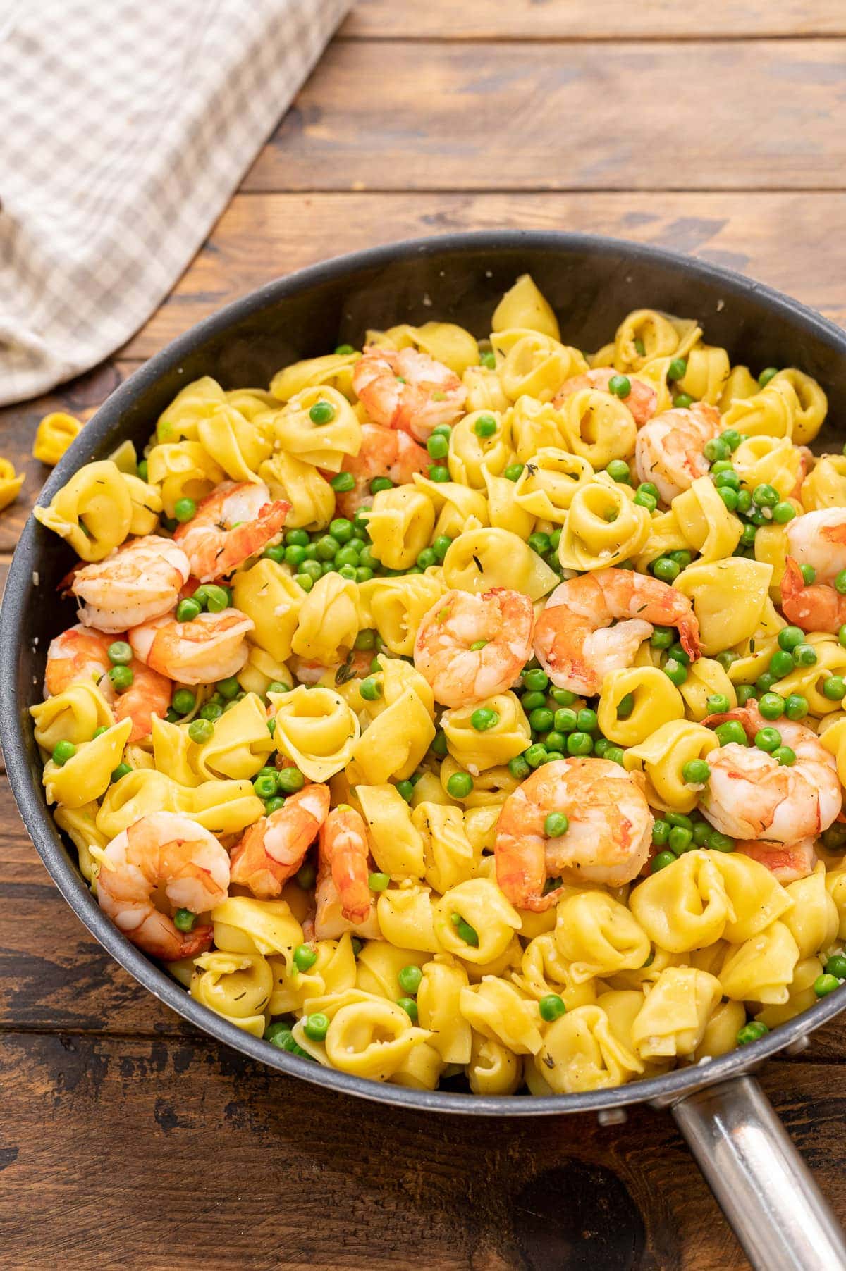 Prepared Garlic Shrimp Tortellini in a skillet