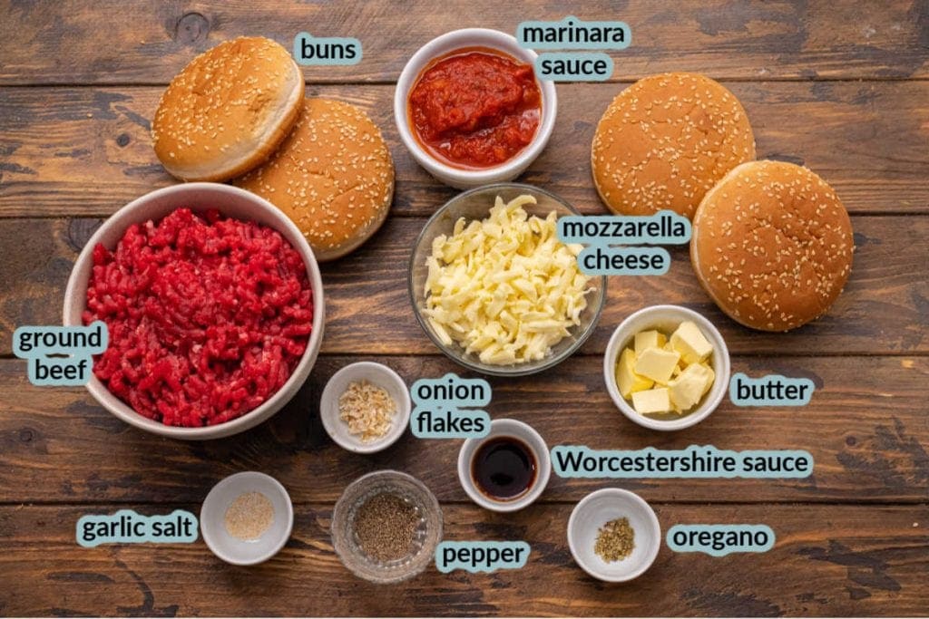 Ingredients for Italian Burgers including ground beef buns marinara sauce cheese butter and seasonings