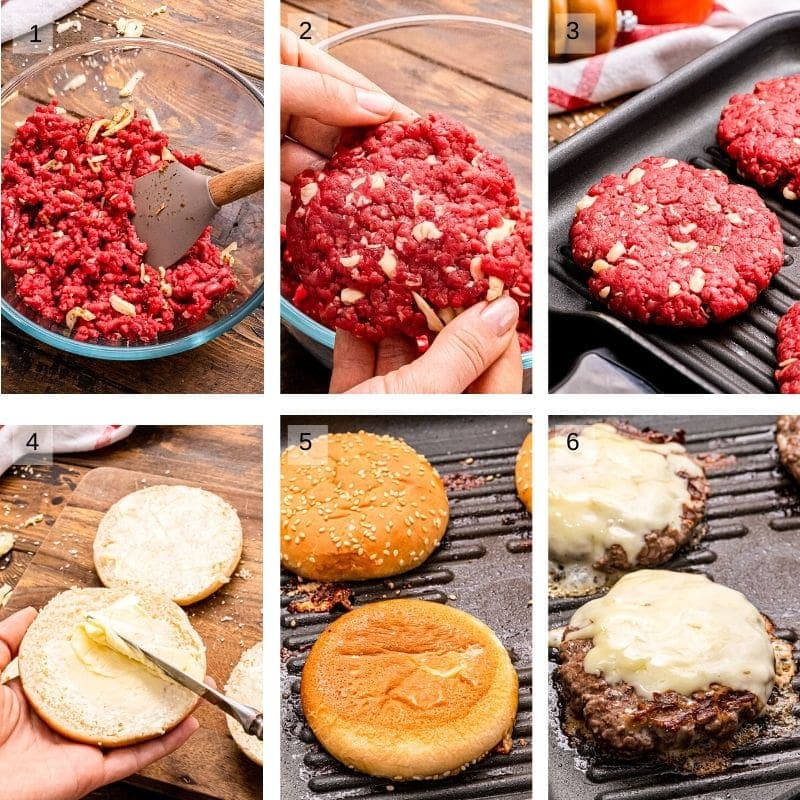 Collage of six images showing making burger patties grilling burgers buttering buns