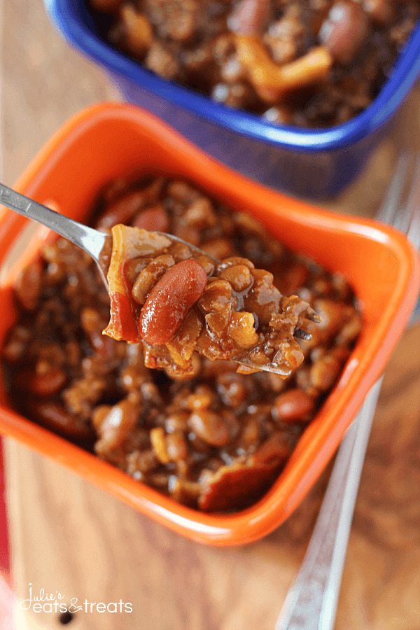 Crock Pot Hickory Smoked Baked Beans ~ Smokey Baked Beans Loaded with Bacon and Hamburger then Slow Cooked!