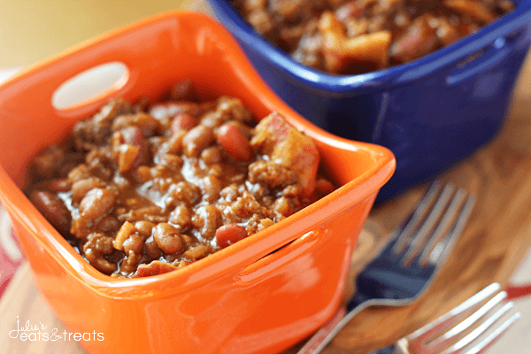Slow Cooker Baked Beans ~ Smokey Baked Beans Loaded with Bacon and Hamburger then Slow Cooked!