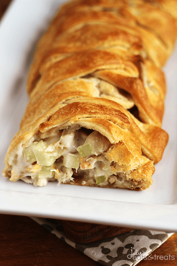 Hot Chicken Salad Crescent Braid ~ Flaky Crescent Rolls Stuffed with Chicken, Celery, Cheese, Almond and Chow Mein Noodles!