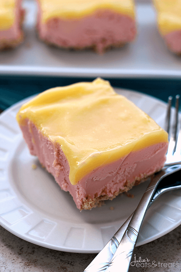Grandma's Lemon Raspberry Sherbet Dessert ~ Salty Crust Topped with Creamy Raspberry Filling and a Tart Lemon Topping!
