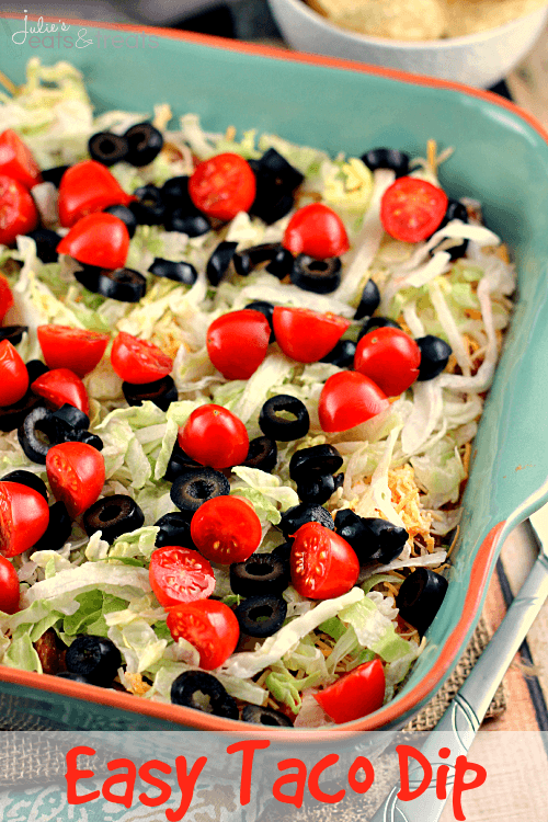 Easy Taco Dip ~ Everyone Will Dig Into this Festive Taco Dip! Loaded with Sour Cream, Taco Seasoning, Salsa, Cheese, Lettuce, Tomatoes & Black Olives!