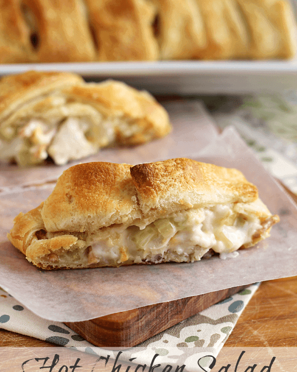 Hot Chicken Salad Crescent Braid ~ Flaky Crescent Rolls Stuffed with Chicken, Celery, Cheese, Almond and Chow Mein Noodles!