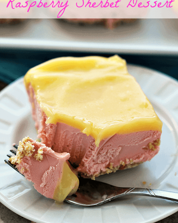 Grandma's Lemon Raspberry Sherbet Dessert ~ Salty Crust Topped with Creamy Raspberry Filling and a Tart Lemon Topping!