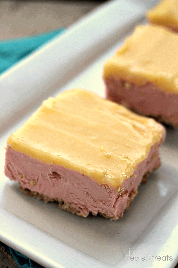 Grandma's Lemon Raspberry Sherbet Dessert ~ Salty Crust Topped with Creamy Raspberry Filling and a Tart Lemon Topping!