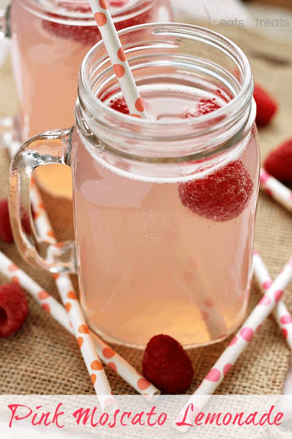 Pink Moscato Lemonade ~ Pink Lemonade spiked with Moscato, Loaded with Raspberries and Bubbly!