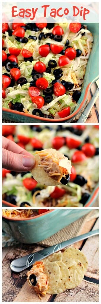Easy Taco Dip Logo ~ Everyone Will Dig Into this Festive Taco Dip! Loaded with Sour Cream, Taco Seasoning, Salsa, Cheese, Lettuce, Tomatoes & Black Olives!