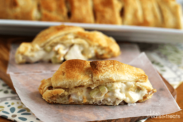 Hot Chicken Salad Crescent Braid ~ Flaky Crescent Rolls Stuffed with Chicken, Celery, Cheese, Almond and Chow Mein Noodles!