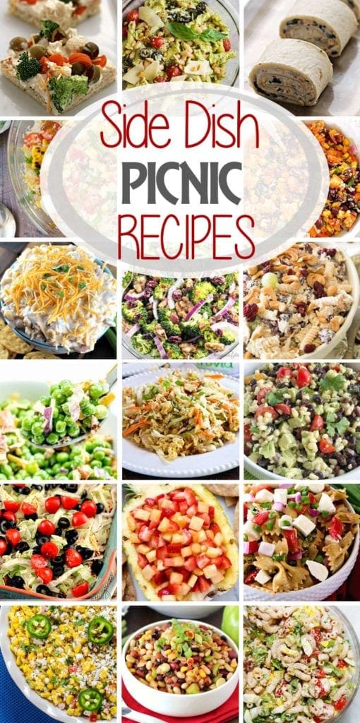 Collage with seventeen images of side dishes with text reading side dish picnic recipes