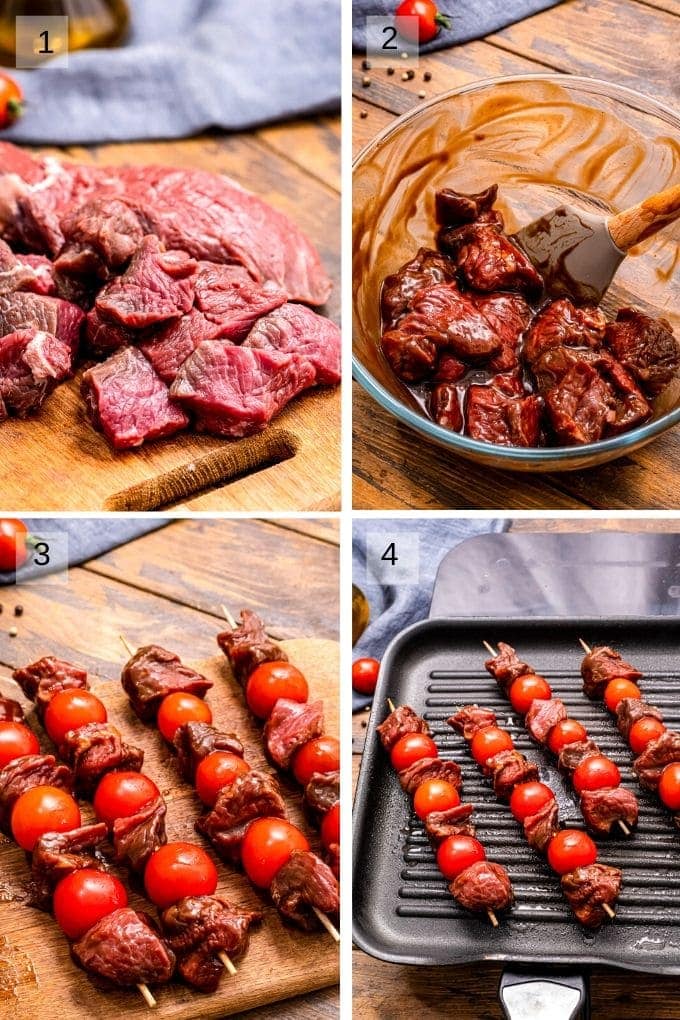 Collage of four images showing steak for kabobs a bowl of marinade and steak and kabobs on grill pan