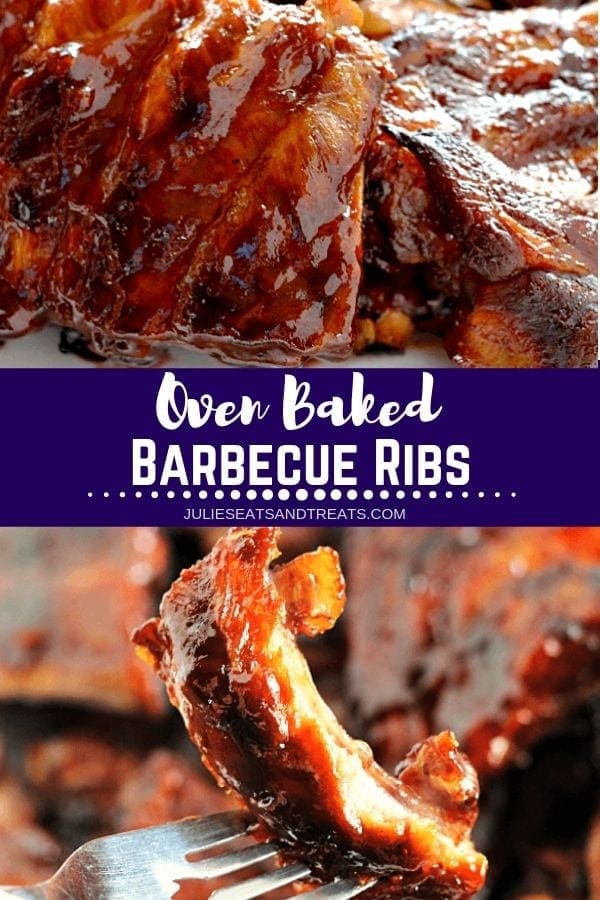 Collage with top image of racks of ribs on a plate, middle banner with white text reading oven baked barbecue ribs, and bottom image of a rib on a fork