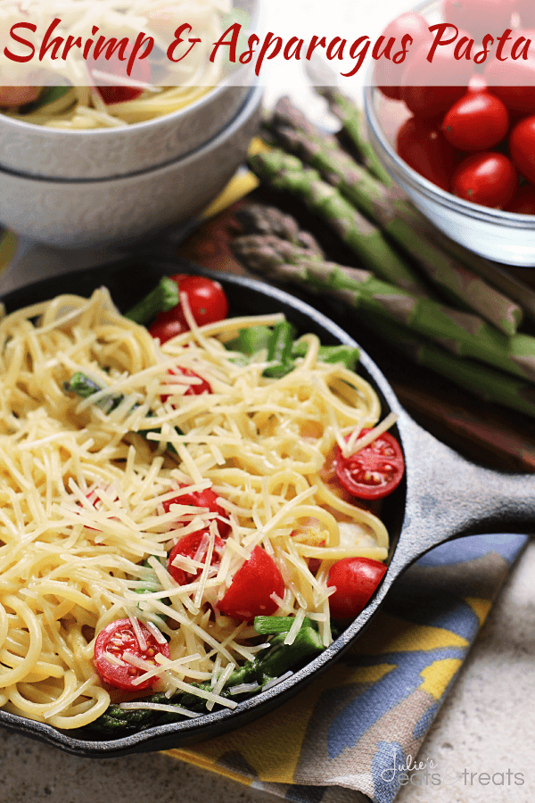 Shrimp & Asparagus Pasta ~ Perfect Summertime Pasta Dish Loaded with Cherry Tomatoes, Asparagus, Pasta and Parmesan Cheese!