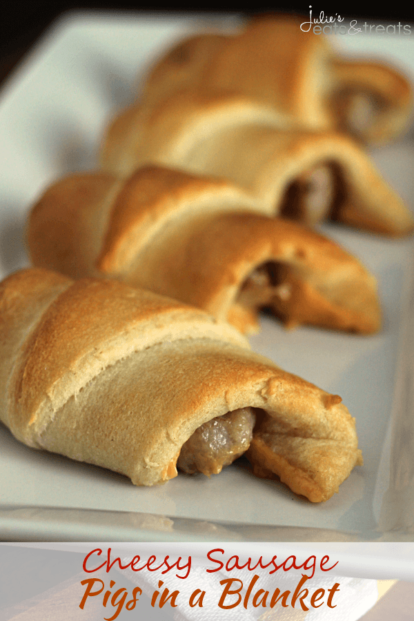 Cheesy Sausage Pigs in a Blanket ~ Flaky Crescent Rolls Stuffed with Sausage and Cheese! Quick, Easy and Perfect for Breakfast!