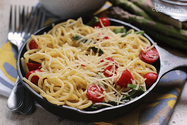 Shrimp & Asparagus Pasta ~ Perfect Summertime Pasta Dish Loaded with Cherry Tomatoes, Asparagus, Pasta and Parmesan Cheese!