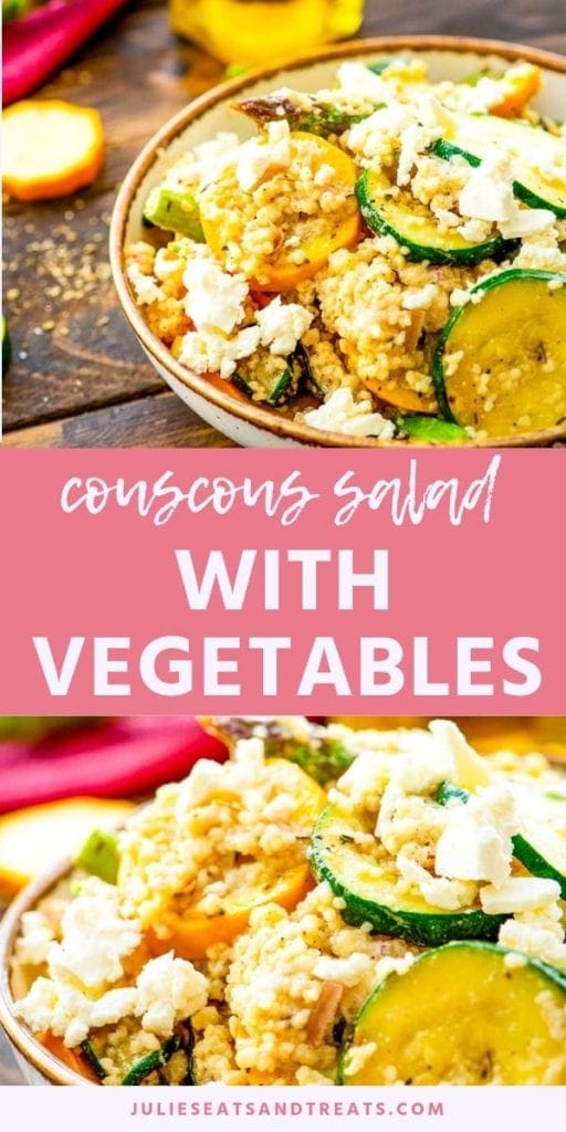 Collage with top image of couscous salad in a cream bowl, middle pink banner with white text reading couscous salad with vegetables, and bottom close up image of prepared couscous salad