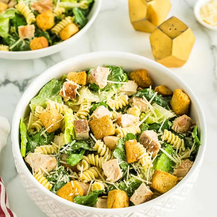 White bowl with Caesar pasta salad