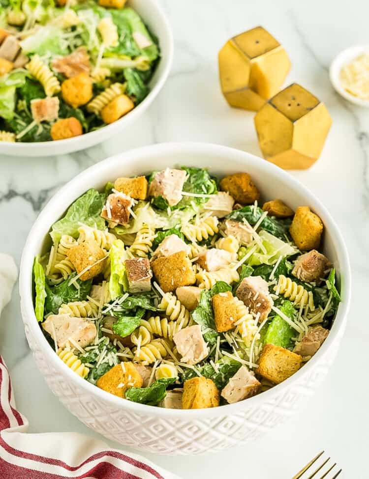 White bowl with Caesar pasta salad