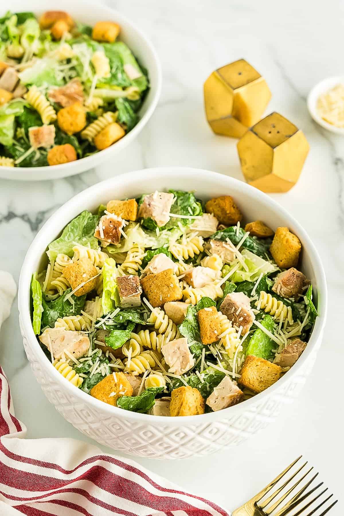 White bowl with Caesar pasta salad