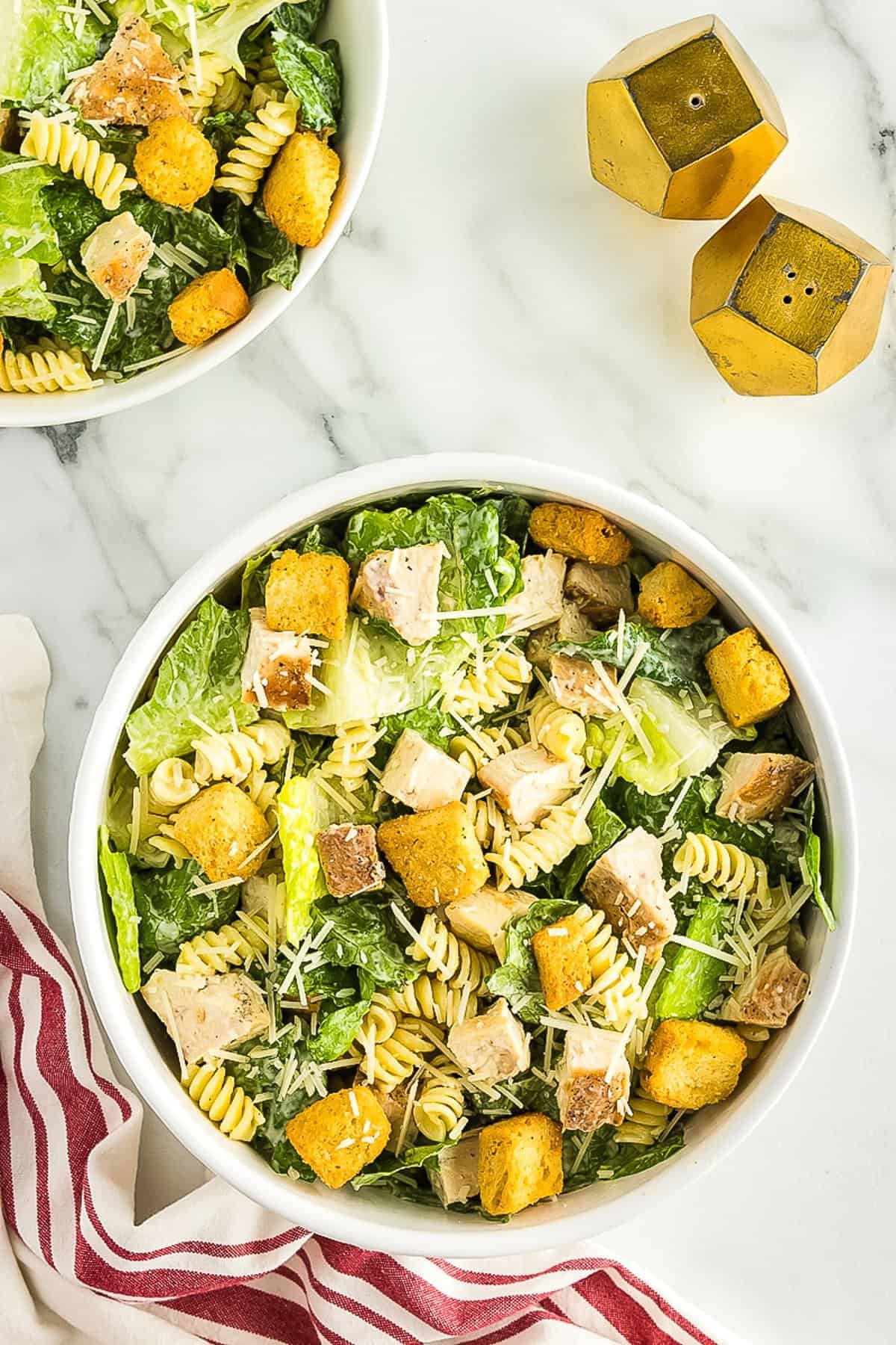 Overhead image of Caesar pasta salad