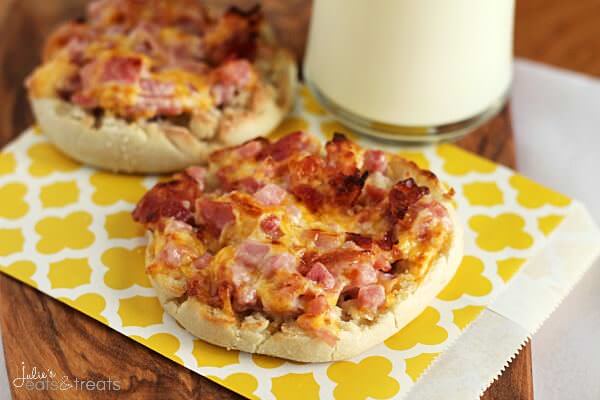 Cheesy Ham & Bacon English Muffins ~ Super Easy Breakfast for Mornings on the Go! English Muffin Loaded with Cheese, Ham & Bacon!